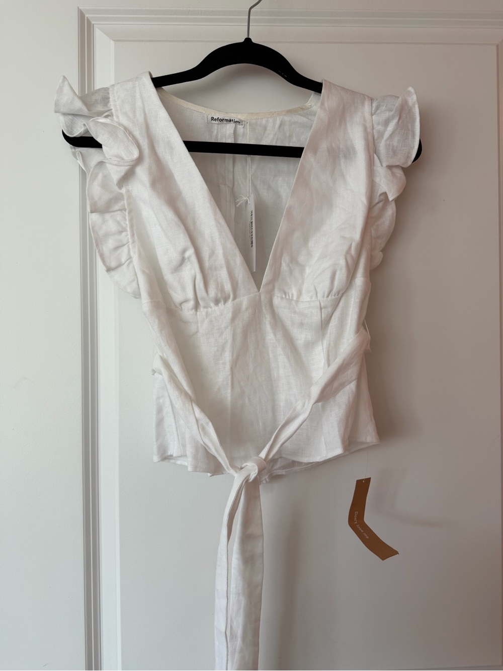 NWT Reformation White Linen Ruffle Tie-Front Top